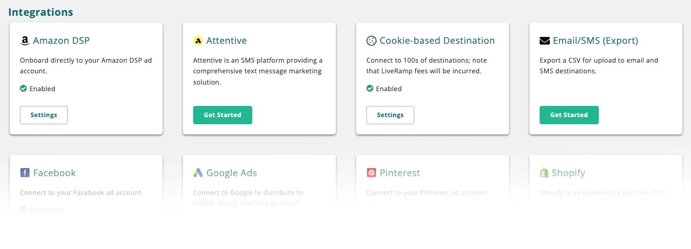 Decile integrations: Attentive, Amazon, Cookie-Based, Facebook, Google Ads, Pinterest, Shopify and more