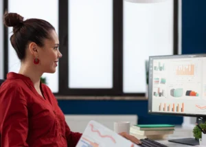 Woman on webinar: advanced marketing personas