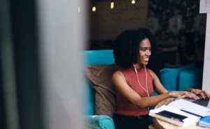 Woman on webinar: predictive analytics